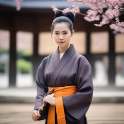 A young woman who is a monk with black hair tied into a topknot and olive brown skin