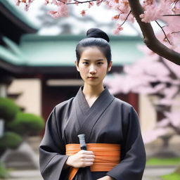 A young woman who is a monk with black hair tied into a topknot and olive brown skin