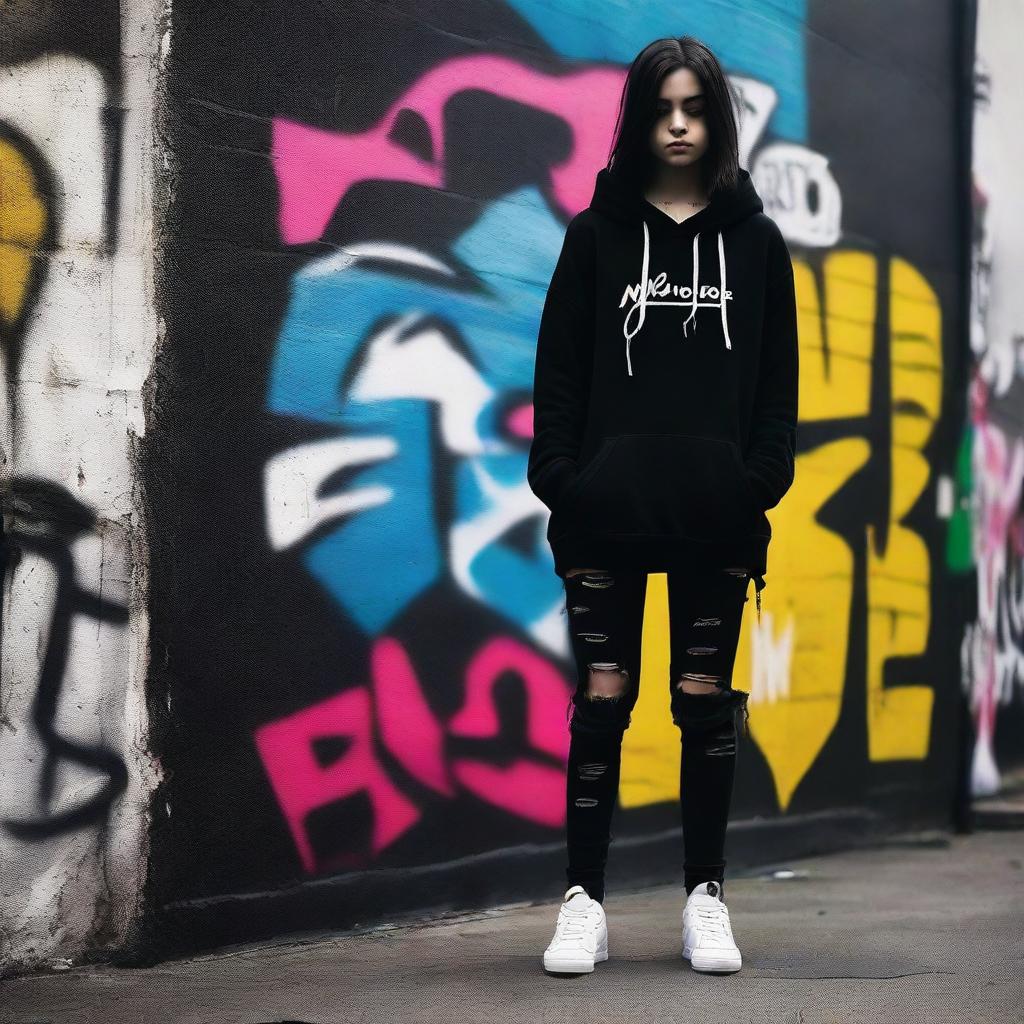 A young emo girl with dark hair, wearing a black hoodie and ripped jeans, standing in an urban setting with graffiti on the walls