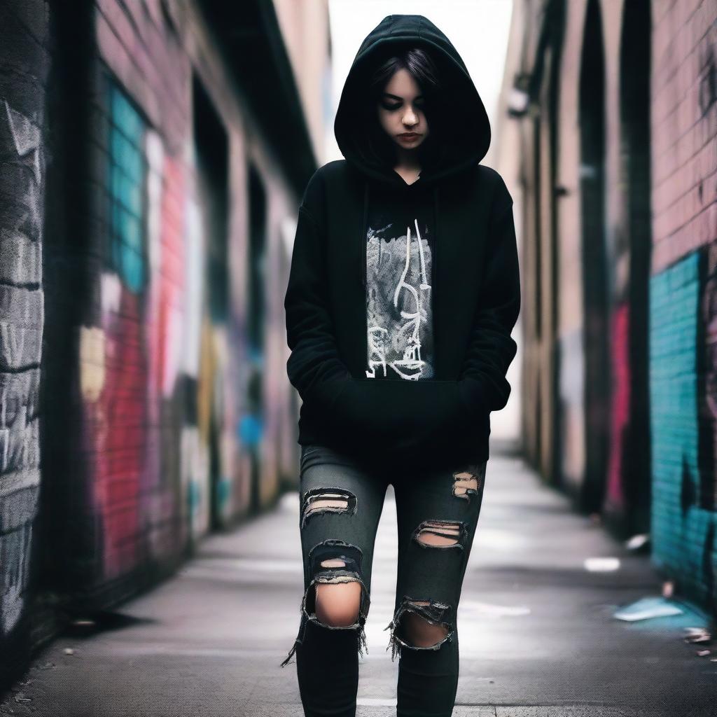 A young emo girl with dark hair, wearing a black hoodie and ripped jeans, standing in an urban setting with graffiti on the walls