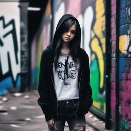 A young emo girl with dark hair, wearing a black hoodie and ripped jeans, standing in an urban setting with graffiti on the walls