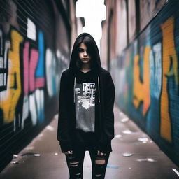 A young emo girl with dark hair, wearing a black hoodie and ripped jeans, standing in an urban setting with graffiti on the walls