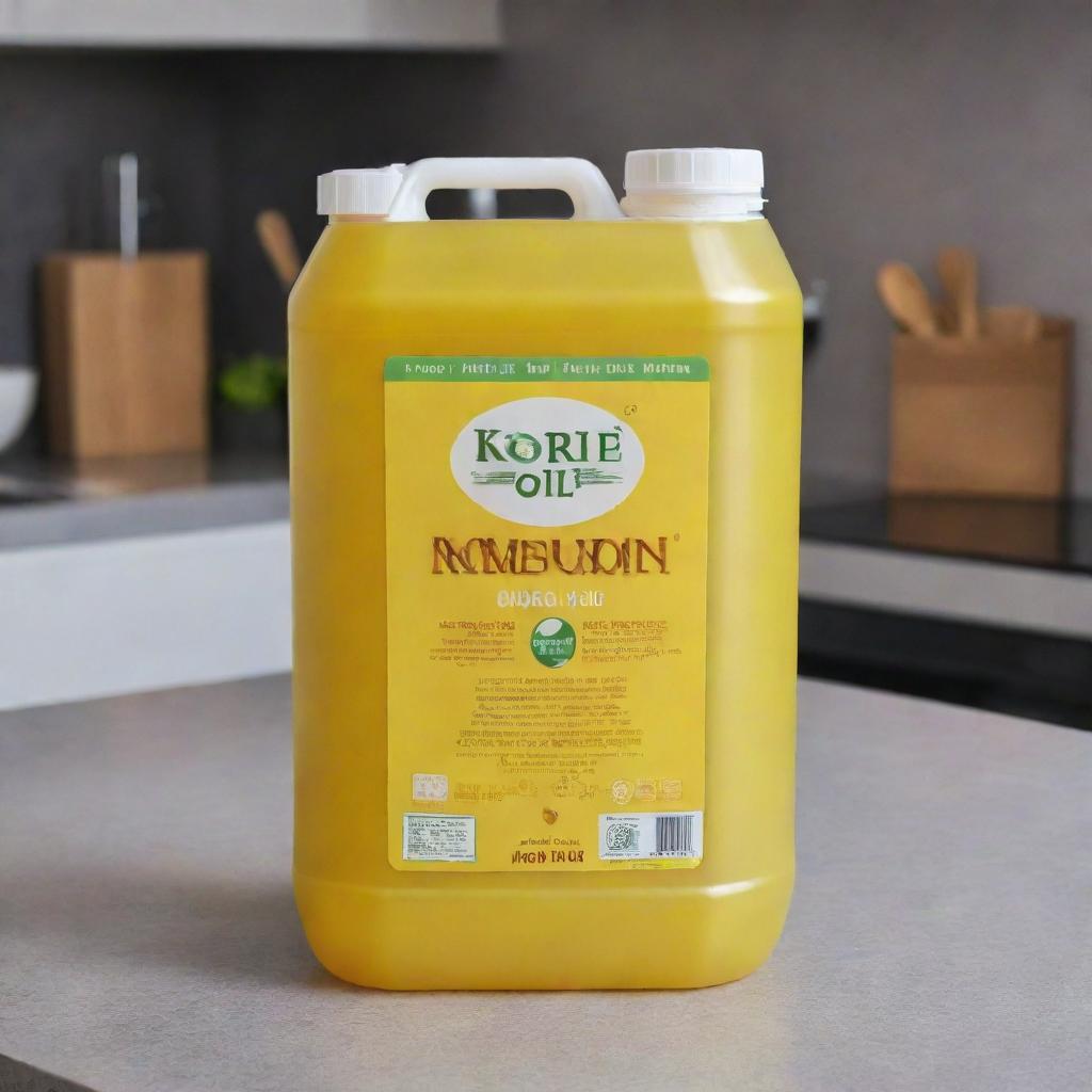 A 20kg container of Korie Food Oil. The container is sleek, promotes its high quality and health benefits, and is set against a kitchen backdrop, highlighting its culinary applications.