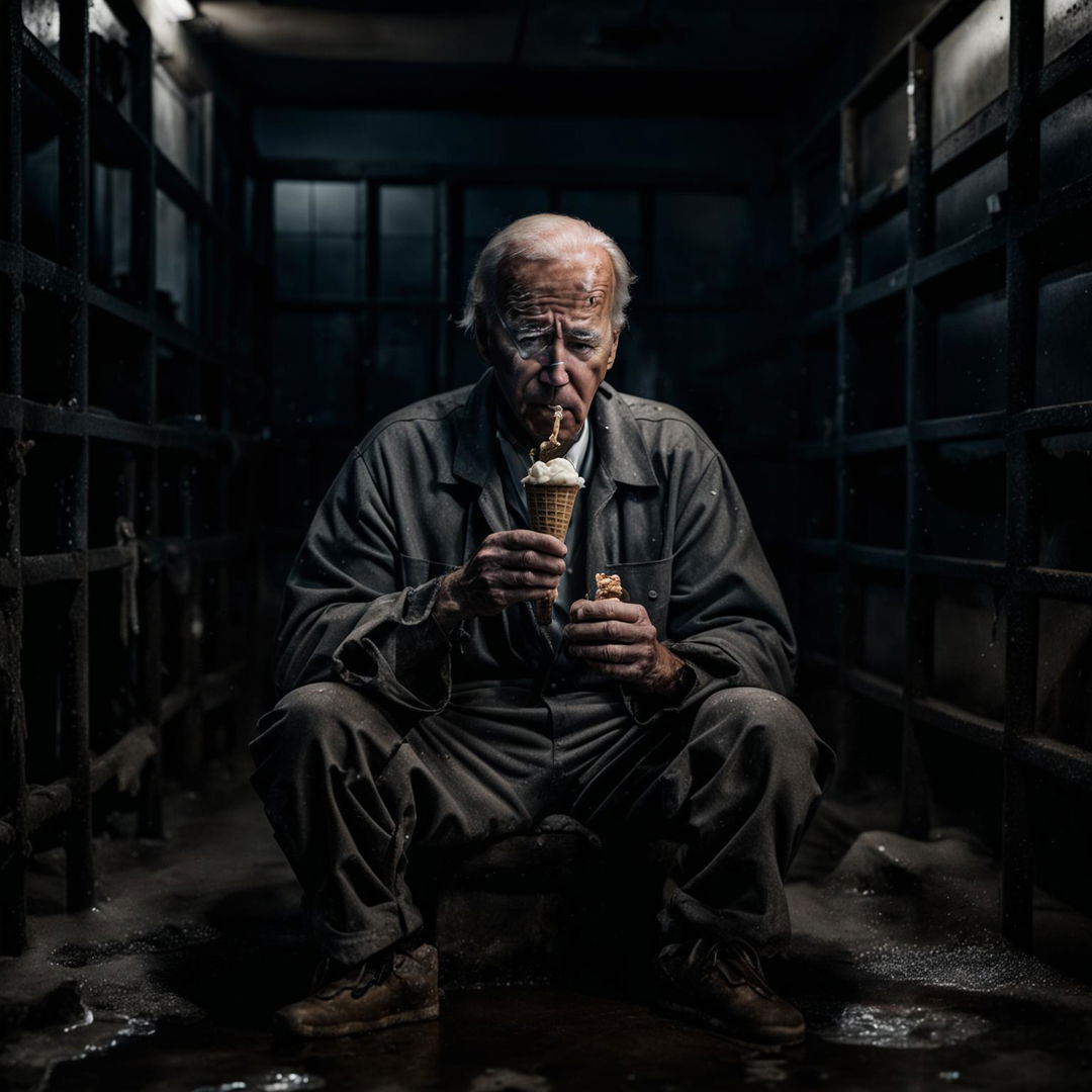 A cinematic photograph of Joe Biden eating ice cream in a dirty jail cell, wearing rags and looking forlorn