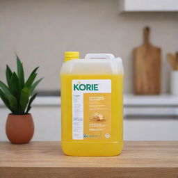 A 20kg container of Korie Food Oil. The container is sleek, promotes its high quality and health benefits, and is set against a kitchen backdrop, highlighting its culinary applications.