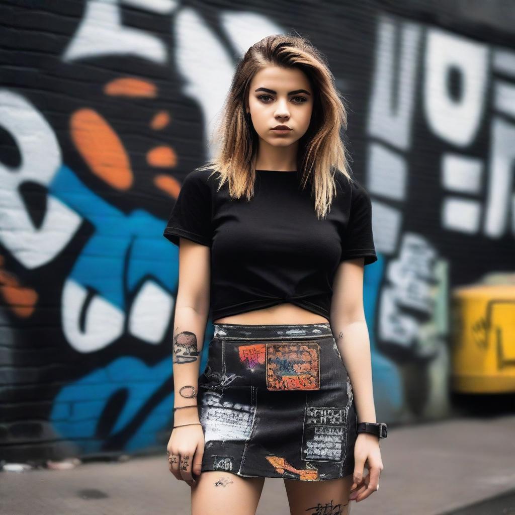 A 20-year-old woman with a confident and alluring expression, wearing a stylish skirt and a dark-themed top that accentuates her bust