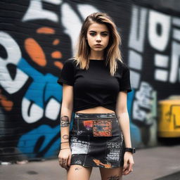 A 20-year-old woman with a confident and alluring expression, wearing a stylish skirt and a dark-themed top that accentuates her bust