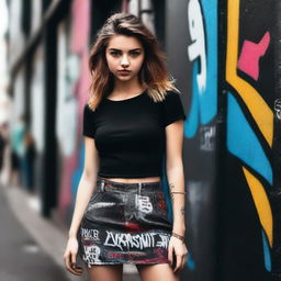 A 20-year-old woman with a confident and alluring expression, wearing a stylish skirt and a dark-themed top that accentuates her bust