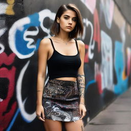 A 20-year-old woman with a confident and alluring expression, wearing a stylish skirt and a dark-themed top that accentuates her bust