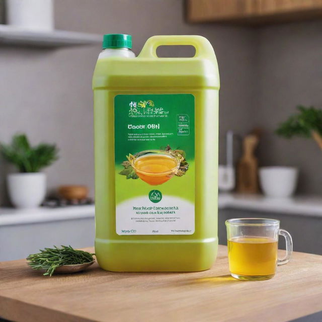 A 20kg container of Korie Food Oil. The container is sleek, promotes its high quality and health benefits, and is set against a kitchen backdrop, highlighting its culinary applications.