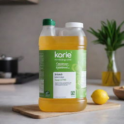 A 20kg container of Korie Food Oil. The container is sleek, promotes its high quality and health benefits, and is set against a kitchen backdrop, highlighting its culinary applications.