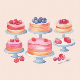 A beautiful watercolor painting showcasing a delicious dessert display with cakes, pastries, and cookies, arranged elegantly