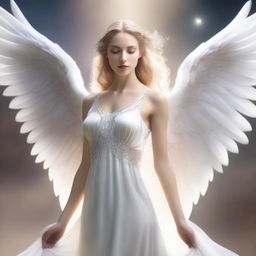 An ethereal angel with majestic wings, portrayed in a celestial setting