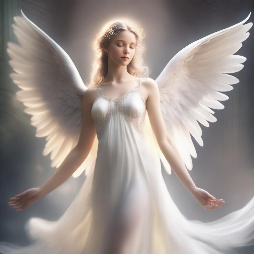 An ethereal angel with majestic wings, portrayed in a celestial setting