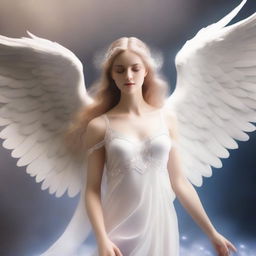 An ethereal angel with majestic wings, portrayed in a celestial setting