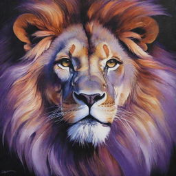 Produce a vivid acrylic painting of a lion using a palette dominated by shades of violet, capturing the majesty and strength of the animal.