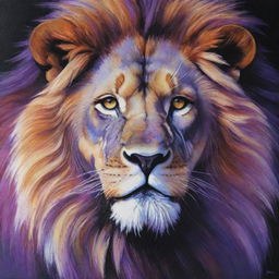 Produce a vivid acrylic painting of a lion using a palette dominated by shades of violet, capturing the majesty and strength of the animal.