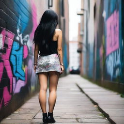 A 20-year-old woman with long, black hair, viewed from the back