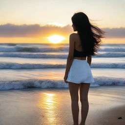 A 20-year-old woman with long, black hair, viewed from the back