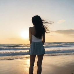 A 20-year-old woman with long, black hair, viewed from the back