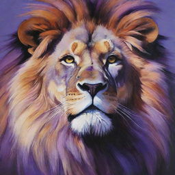 Produce a vivid acrylic painting of a lion using a palette dominated by shades of violet, capturing the majesty and strength of the animal.