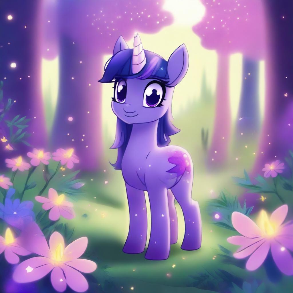 A detailed and colorful illustration of Twilight Sparkle, the character from My Little Pony, standing in a magical forest with a glowing horn, surrounded by sparkles and vibrant flora