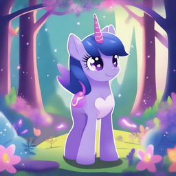 A detailed and colorful illustration of Twilight Sparkle, the character from My Little Pony, standing in a magical forest with a glowing horn, surrounded by sparkles and vibrant flora