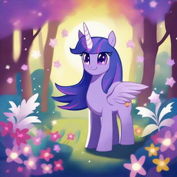 A detailed and colorful illustration of Twilight Sparkle, the character from My Little Pony, standing in a magical forest with a glowing horn, surrounded by sparkles and vibrant flora