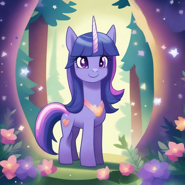 A detailed and colorful illustration of Twilight Sparkle, the character from My Little Pony, standing in a magical forest with a glowing horn, surrounded by sparkles and vibrant flora