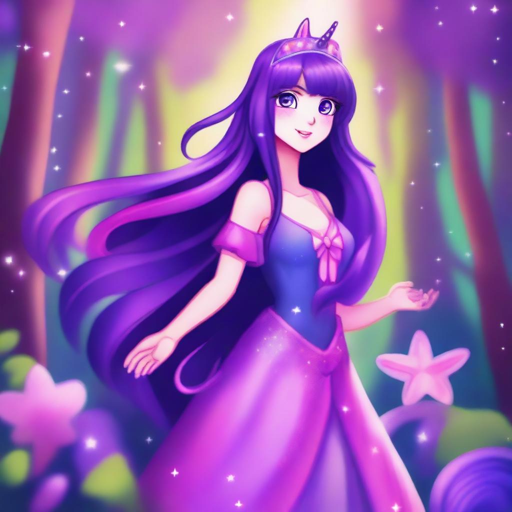 A detailed and colorful illustration of Twilight Sparkle from My Little Pony reimagined as a human