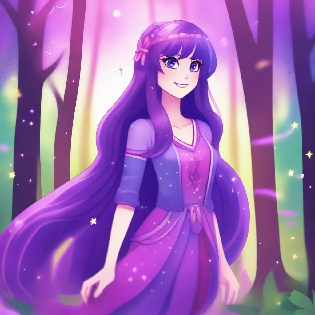 A detailed and colorful illustration of Twilight Sparkle from My Little Pony reimagined as a human