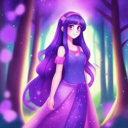 A detailed and colorful illustration of Twilight Sparkle from My Little Pony reimagined as a human