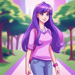 A detailed and colorful illustration of Twilight Sparkle from My Little Pony reimagined as a human in normal life