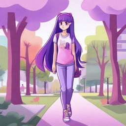 A detailed and colorful illustration of Twilight Sparkle from My Little Pony reimagined as a human in normal life