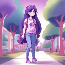 A detailed and colorful illustration of Twilight Sparkle from My Little Pony reimagined as a human in normal life