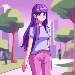 A detailed and colorful illustration of Twilight Sparkle from My Little Pony reimagined as a human in normal life