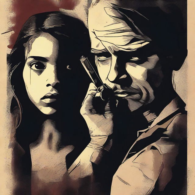 A dramatic poster showcasing a tense scene where a man is pointing a gun to a girl's forehead