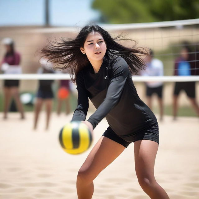 A 19-year-old girl with long, black hair playing volleyball on an outdoor court