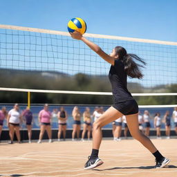 A 19-year-old girl with long, black hair playing volleyball on an outdoor court