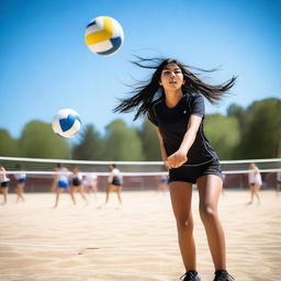 A 19-year-old girl with long, black hair playing volleyball on an outdoor court