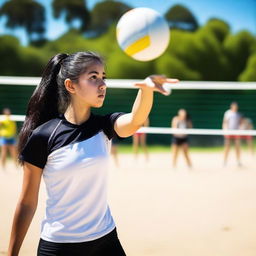 A 19-year-old girl with long, black hair playing volleyball on an outdoor court