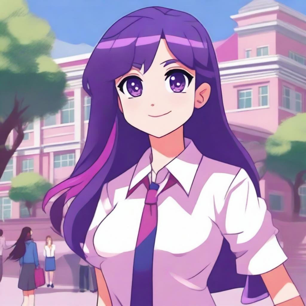 A detailed and colorful illustration of a girl named Twilight Sparkle reimagined as a human school girl