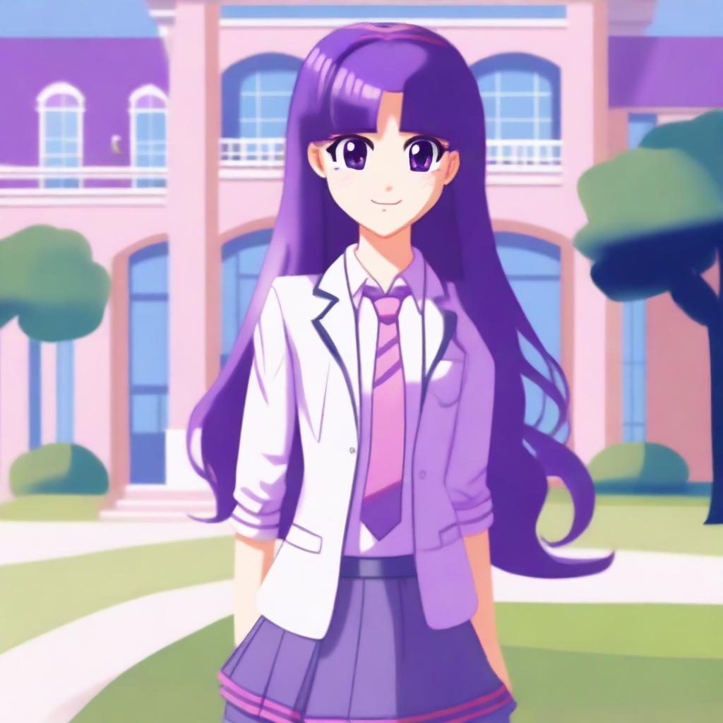 A detailed and colorful illustration of a girl named Twilight Sparkle reimagined as a 15-year-old human school girl, standing in front of Canterlot High School