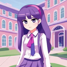 A detailed and colorful illustration of a girl named Twilight Sparkle reimagined as a 15-year-old human school girl, standing in front of Canterlot High School