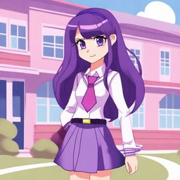 A detailed and colorful illustration of a girl named Twilight Sparkle reimagined as a 15-year-old human school girl, standing in front of Canterlot High School