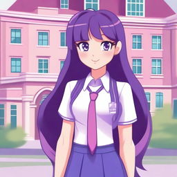 A detailed and colorful illustration of a girl named Twilight Sparkle reimagined as a 15-year-old human school girl, standing in front of Canterlot High School