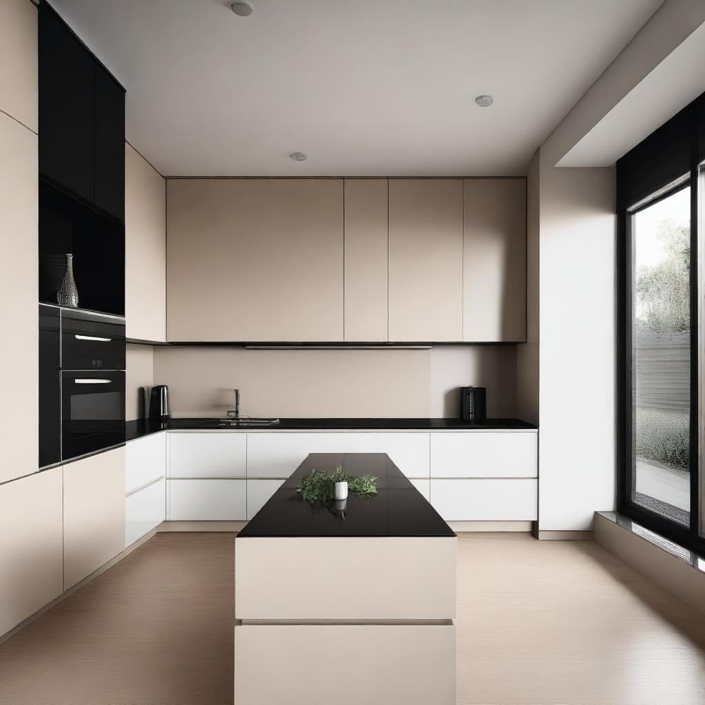 A modern kitchen with black porcelain countertops and white walls above the furniture