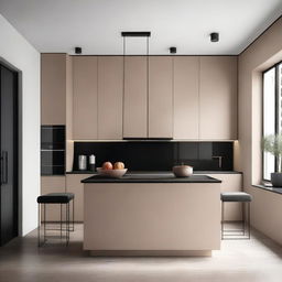 A modern kitchen with black porcelain countertops and white walls above the furniture