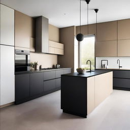 A modern kitchen with black porcelain countertops and white walls above the furniture