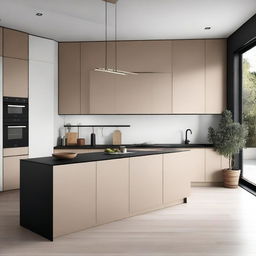 A modern kitchen with black porcelain countertops and white walls above the furniture